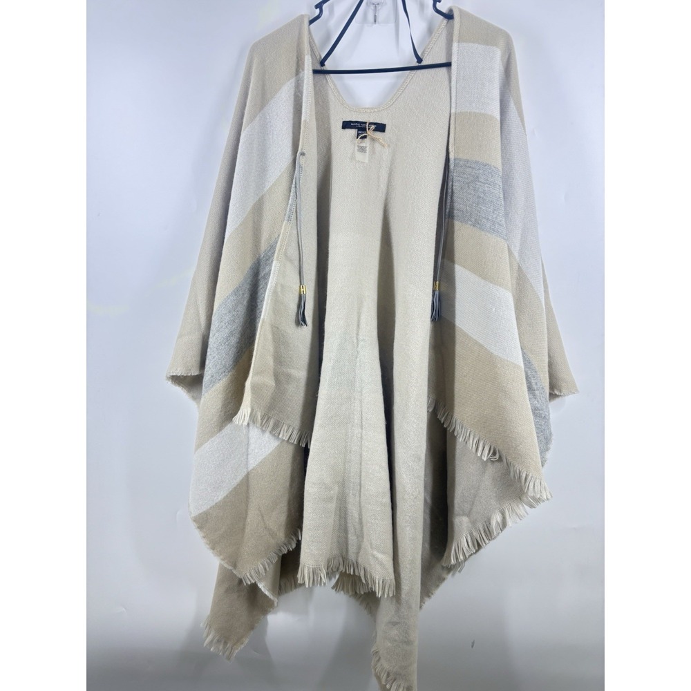Marc New York Andrew Marc Striped Fringe Poncho Neutral Beige Grey One Size